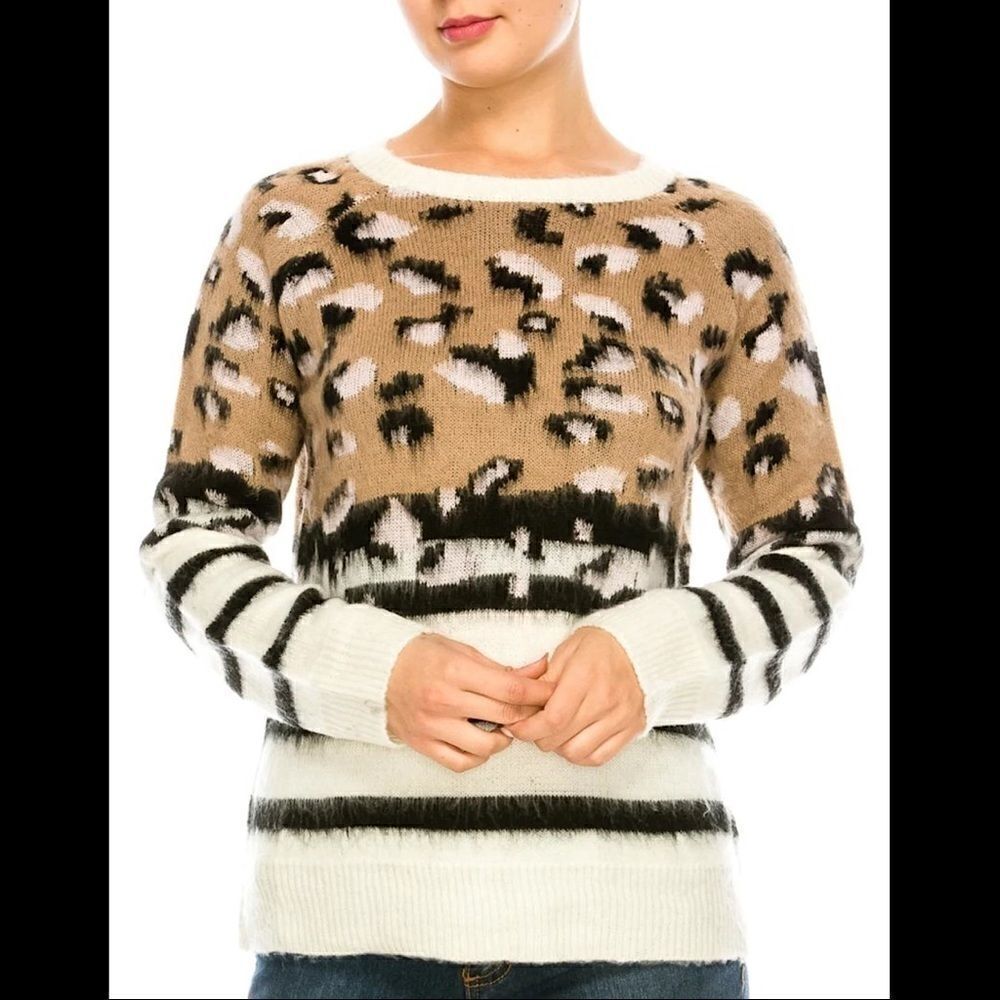 𝅺mustard Seed Stripe And Leopard Print Pullover Jumper Sweater Sz S